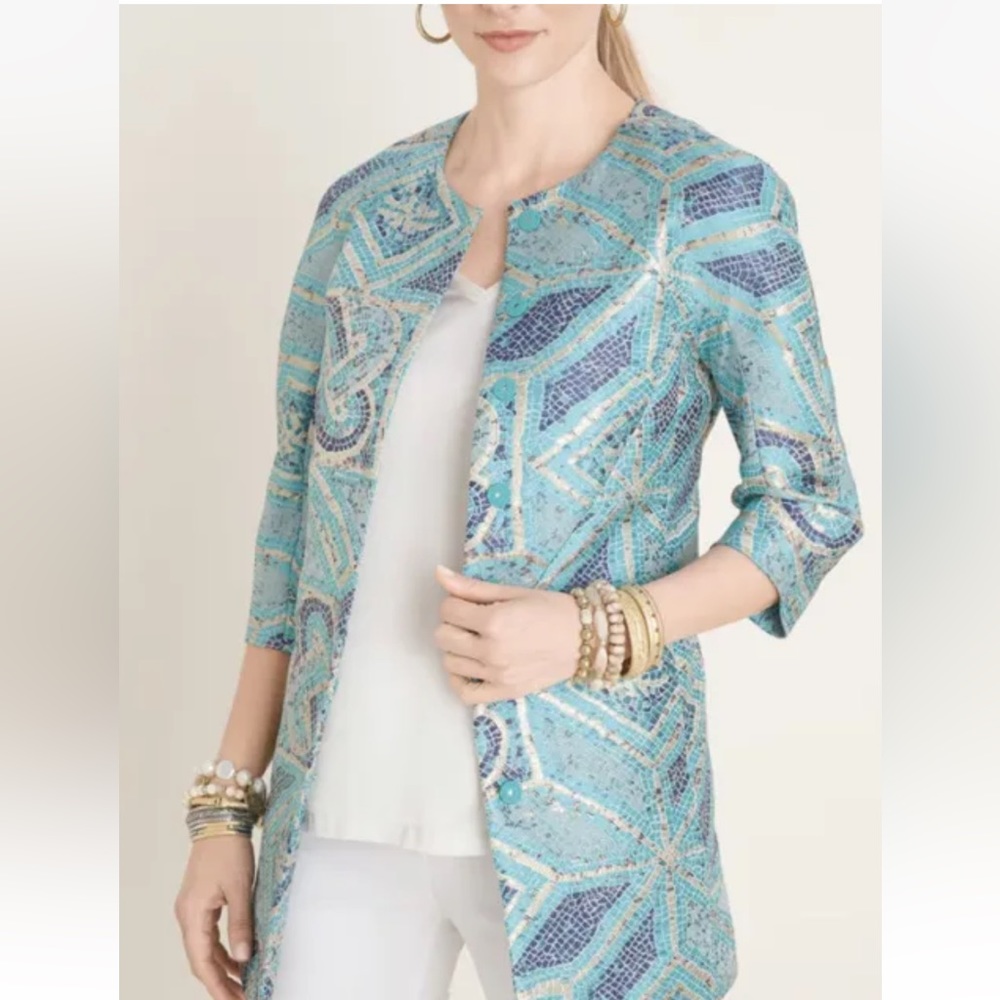 Chicos Jacket Metallic Blue Gold Geometric Mosaic Jacquard 3/4 Sleeve 16/18